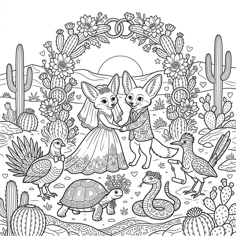 Celebrate a heartwarming desert wedding with this unique coloring page featuring charming fennec foxes as the happy couple. Surround them with vibrant colors as other desert animals join the joyful ceremony.