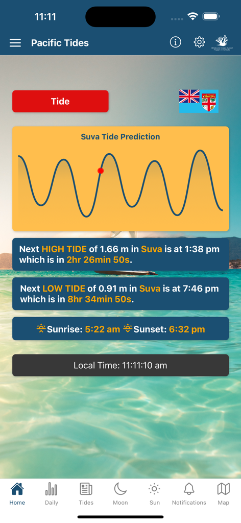 Interfaz de la aplicación Pacific Tides que muestra un gráfico de predicción de mareas y las horas de marea alta y baja para Suva, Fiyi