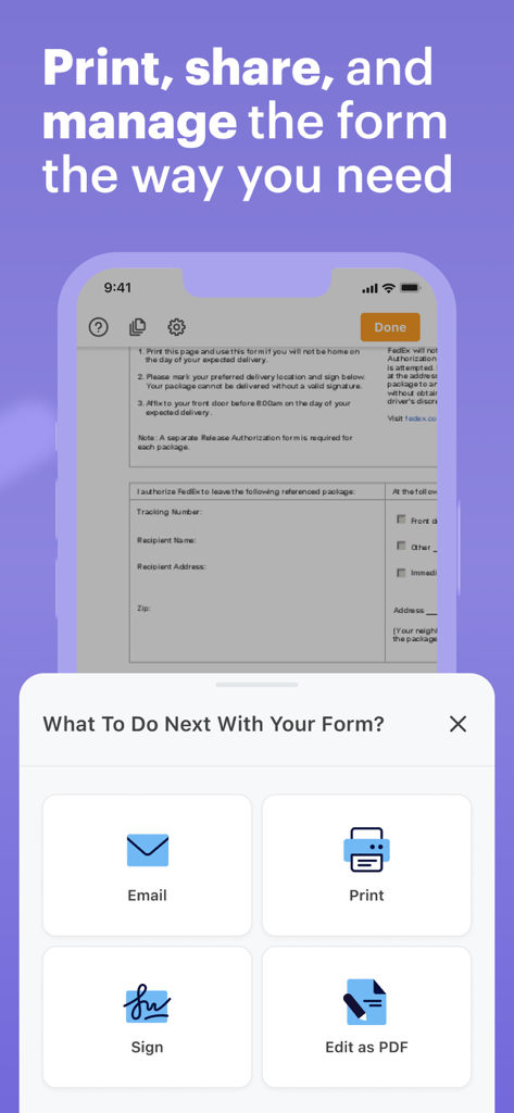 e-taxfiller: Edit PDF Forms - e-taxfiller app interface displaying options to email, print, sign, and edit PDF tax forms.