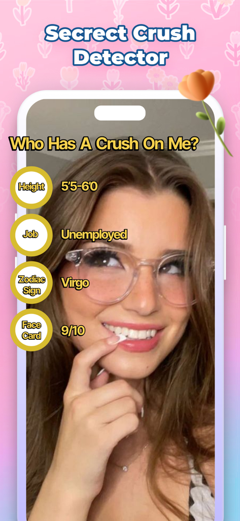 Interface of Love Tester app showing a secret crush detector filter with humorous prediction results for height job and zodiac sign