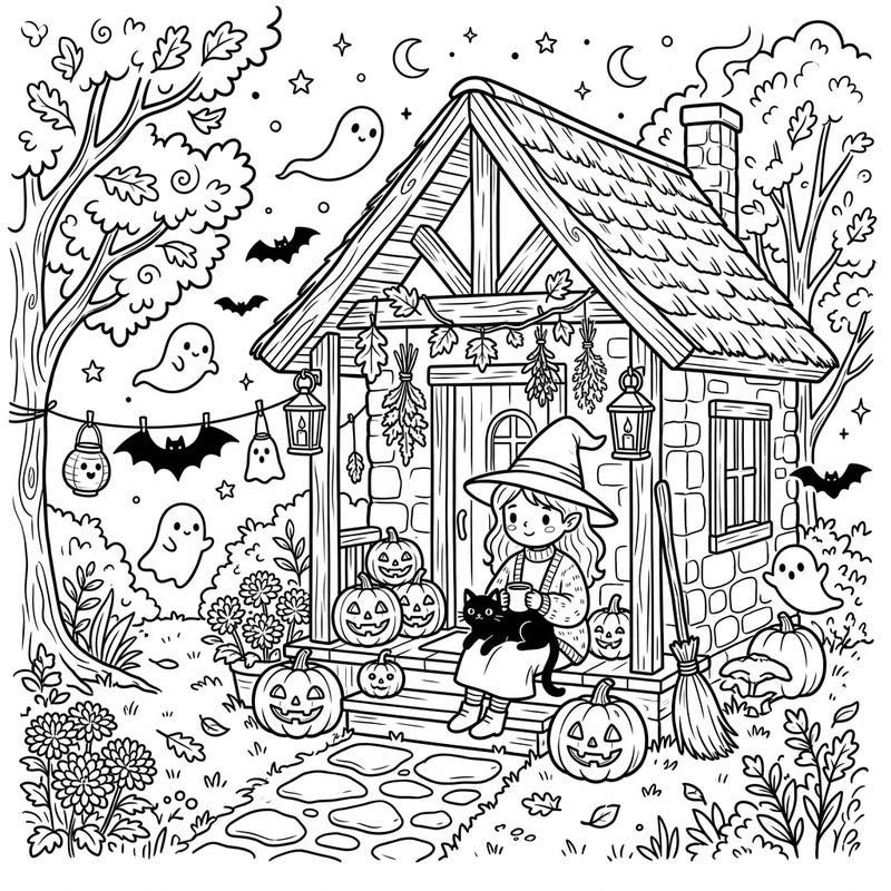 Step into a charming Halloween world where a friendly witch enjoys a peaceful moment outside her cottage. This delightful coloring page perfectly blends festive spooky fun with the rustic beauty of cottagecore.