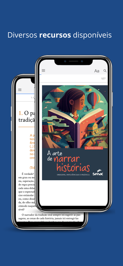 Biblioteca Digital Senac - Two smartphones displaying a digital book cover and text in the Biblioteca Digital Senac app.