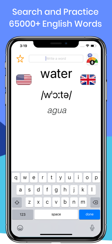 Speakometer-Accent Training AI - Speakometer app interface showing the word water with IPA phonetic transcription and US and UK accent options