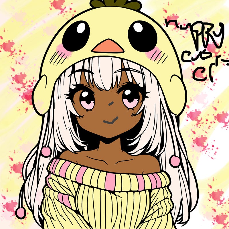anime girl with chick shaped hat with sweater with bare shoulders with bangs covering them one eye with low tail