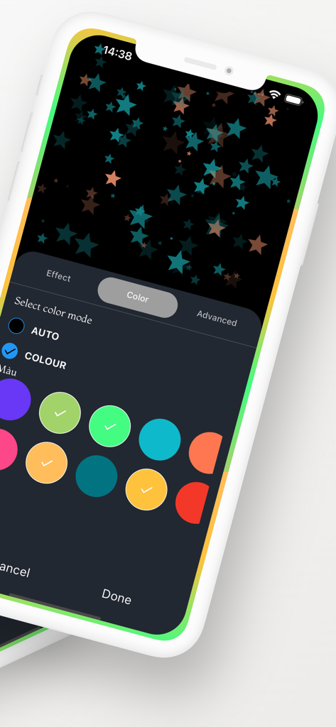 Pantalla de iPhone mostrando el menú de selección de color para los bordes de iluminación de borde con un fondo de pantalla con patrón de estrellas.