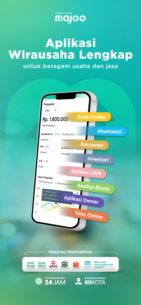 Aplikasi Kasir Wirausaha majoo - majooビジネスアプリケーションインターフェース、スマートフォン上でPOS機能とマーケットプレイス統合を表示
