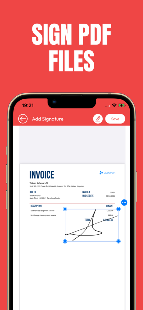 Ein iPhone, das die digitale Signaturfunktion für ein Rechnungsdokument in der PDF Merge App anzeigt