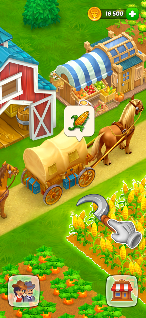 Harvesting corn crops near a red barn and horse-drawn wagon in Wild West Farm Town Building