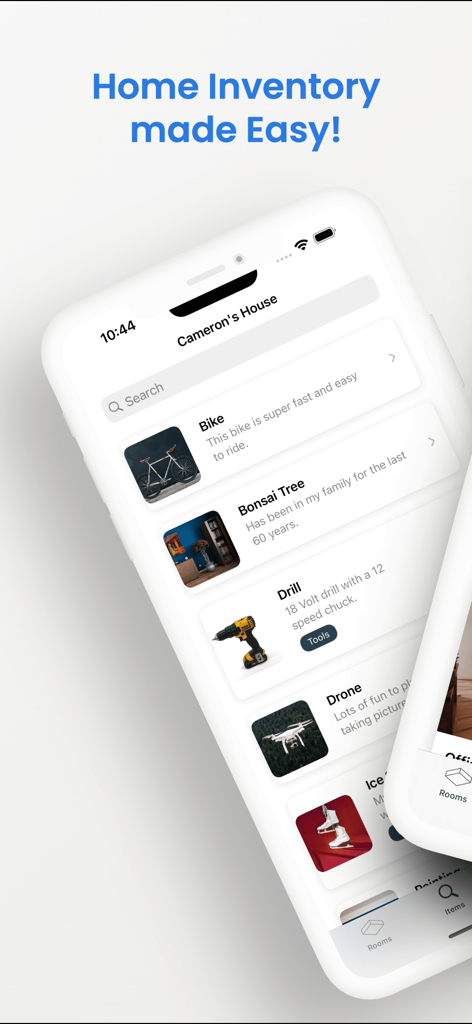 HouseBook - Home Inventory - Screenshot of HouseBook app showing a list of categorized household items with photos and descriptions