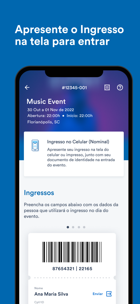 Digital music event ticket with barcode on the Blueticket mobile app