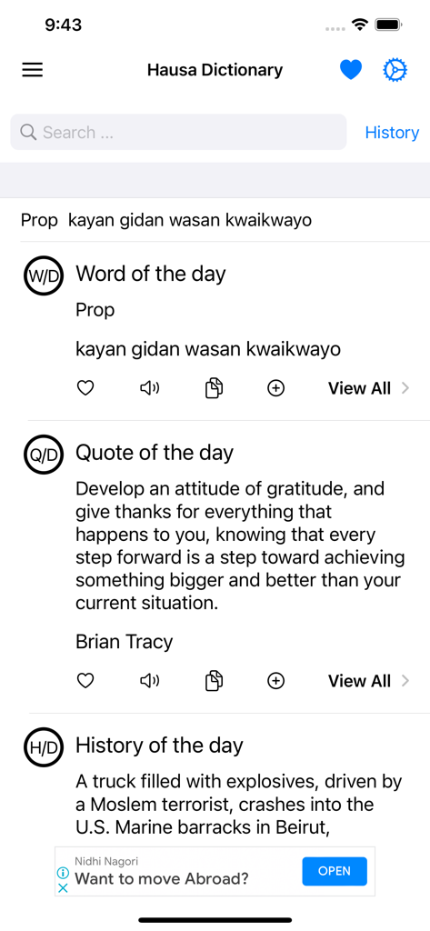A interface principal do aplicativo Smart Hausa Dictionary mostrando a palavra do dia e as funcionalidades de citação do dia.