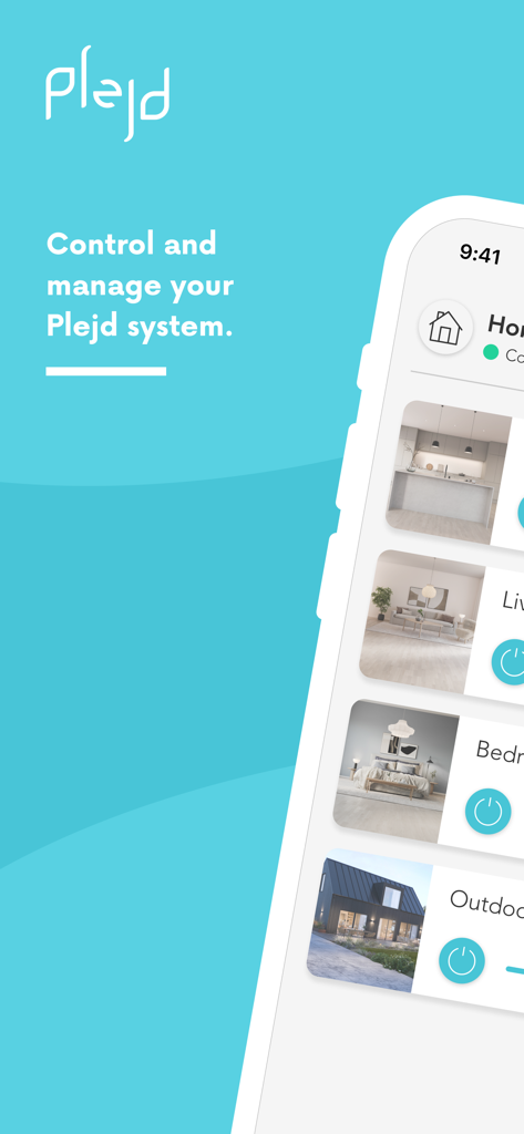 Plejd - Plejd app interface showing smart home lighting controls for different rooms.