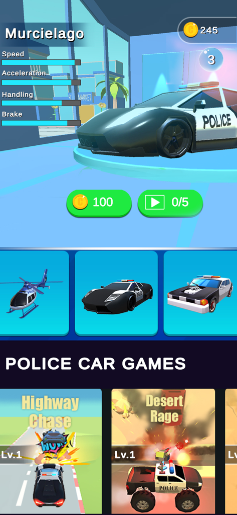 Pantalla de garaje del juego que muestra un coche de policía Murciélago con estadísticas de rendimiento y opciones para desbloquear nuevos vehículos