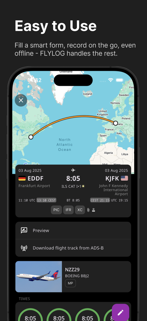 FLYLOG.io - For Pilots - Smartphone screen showing the FLYLOG app interface with a flight route map from Frankfurt to New York and detailed log entry fields