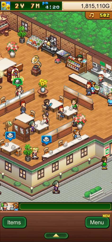 Cafe Master Story - Gameplay em pixel art retrô mostrando o interior de uma cafeteria movimentada com clientes e funcionários em Cafe Master Story.