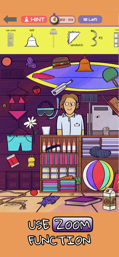 Hidden Objects! Find them all - Gameplay screen of a hidden objects puzzle game showing a beach shop theme and zoom function