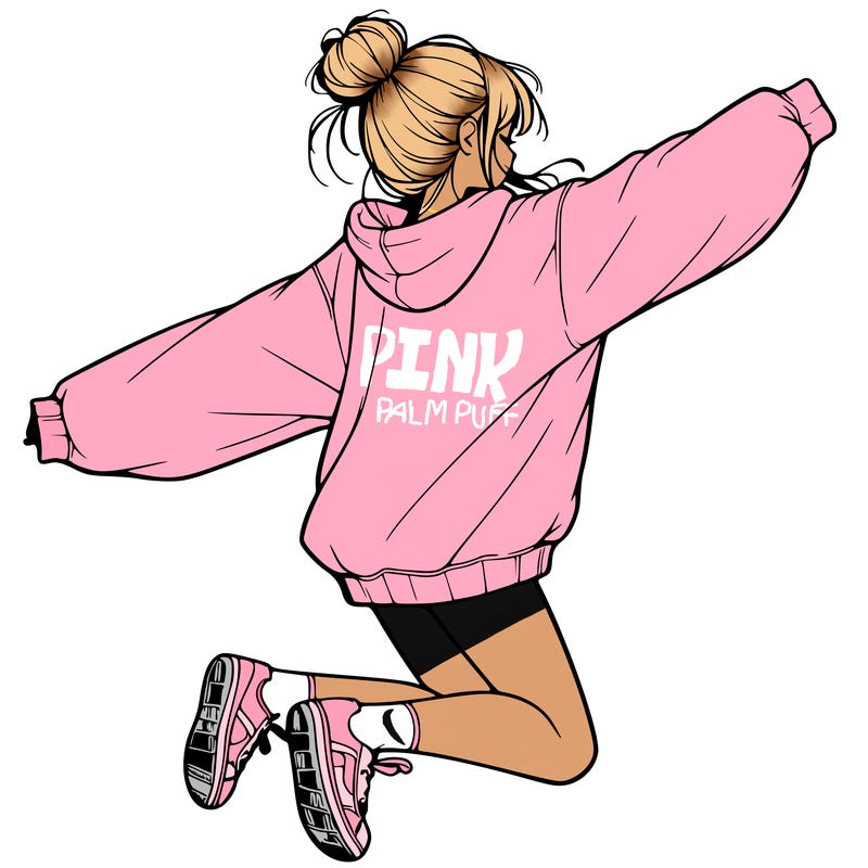 realistic girl jumping with a bun and oversized sweatshirt