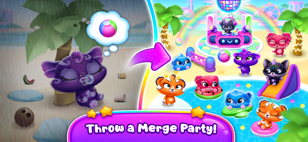 Fluvsies Merge Party - Una vibrante escena de fiesta en la piscina con varias mascotas virtuales coloridas de Fluvsies y una cabina de DJ bajo un arcoíris.