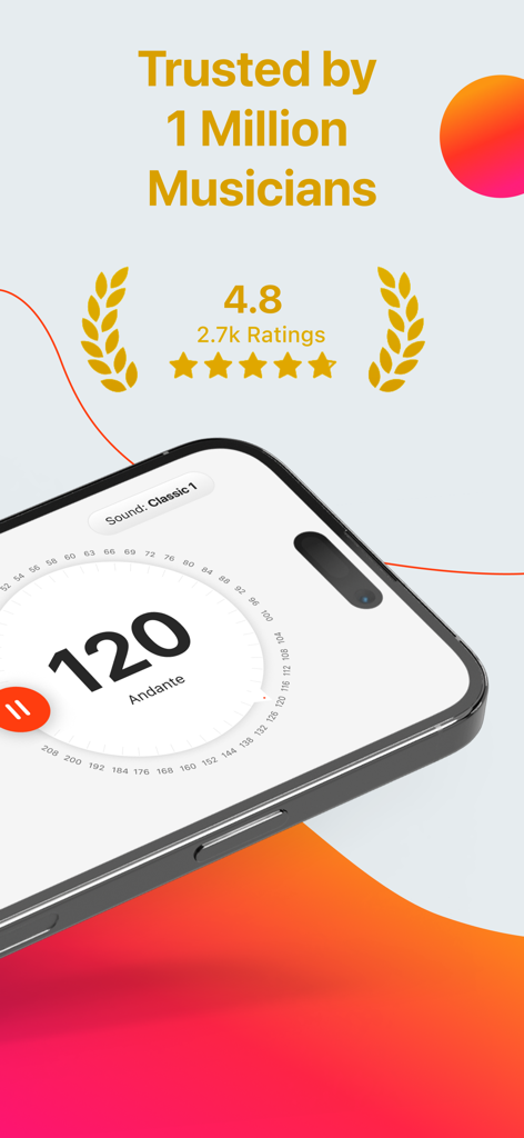 Metronome Beats: Pulse & Tempo - Metronom Beats App-Oberfläche mit einer Bewertung von 4,8 und vertraut von 1 Million Musikern.