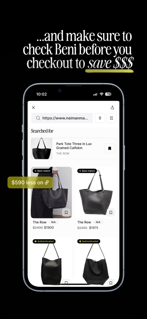A mobile app screen for Beni showing a price comparison for a luxury leather tote bag with a callout showing significant savings on secondhand marketplaces.