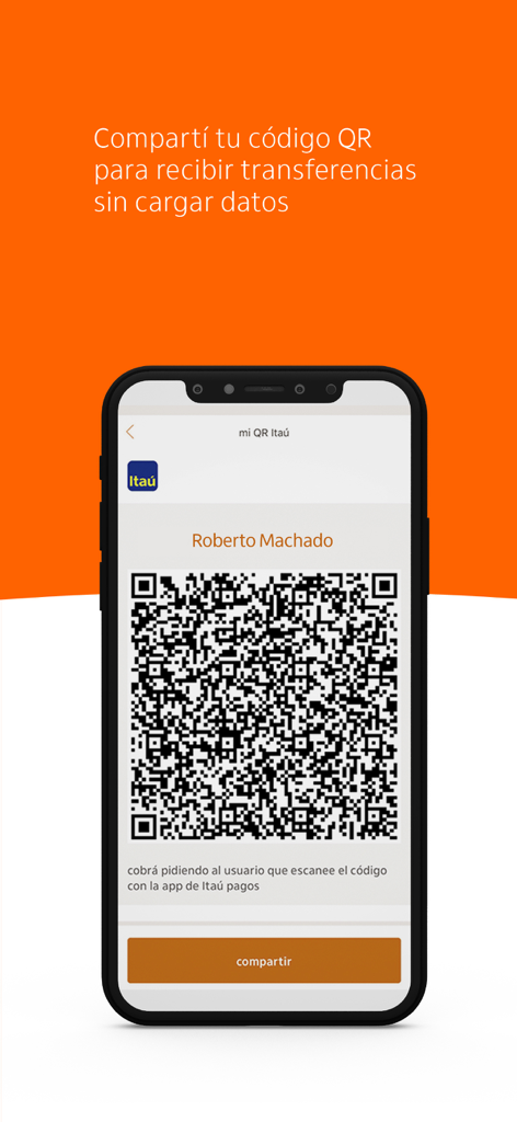Itaú pagos PY - Schermata dell'app Itaú pagos PY che visualizza un codice QR personale per ricevere bonifici bancari