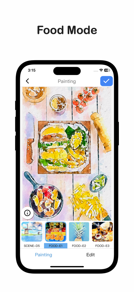 Efecto de pintura de acuarela aplicado a una foto de comida en el Modo Comida de Qnipaint