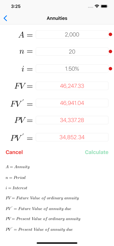 FinCalcPro app interface showing calculations for present and future values of ordinary annuities and annuities due