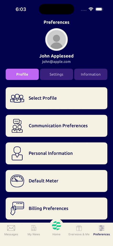 myEnerwave - The user preferences and profile management screen of the myEnerwave app showing account settings and billing options.