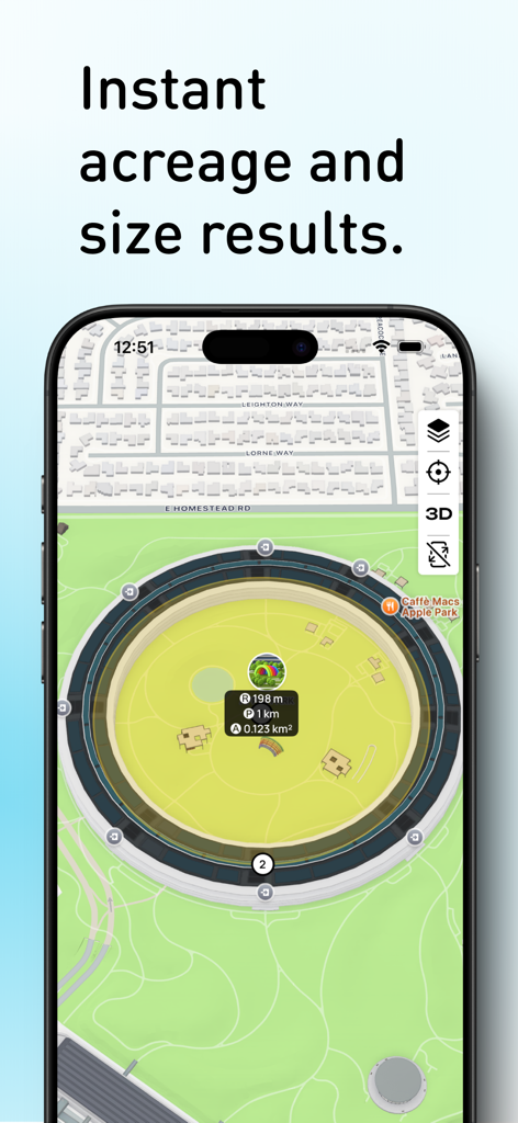 Planimeter: Area & Distance - Écran d'application mobile montrant les mesures de surface et de périmètre du terrain sur une carte satellite