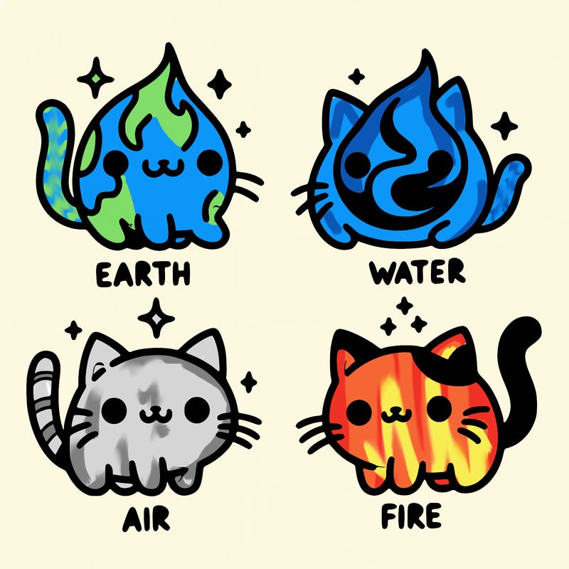 4 cats that represent the different elements, earth, water, air, and fire