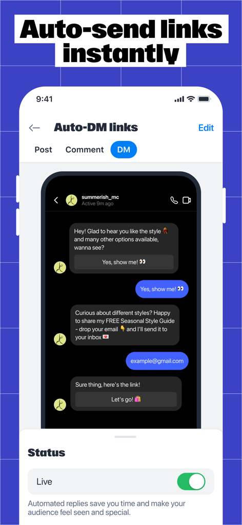 Manychat - Manychatモバイルアプリのインターフェース。自動DMリンク配信とリード獲得機能が表示されている