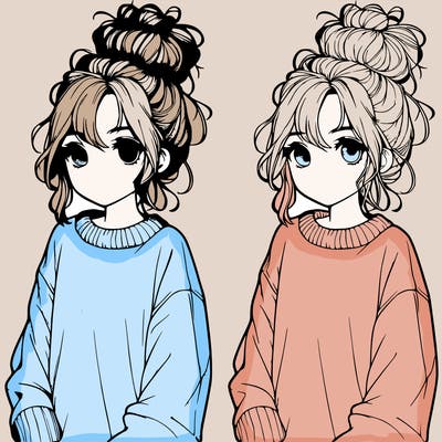 realistic cute girl with messy bun and baggy sweater