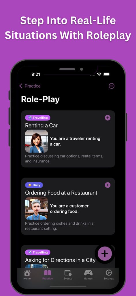iPolyglot: Learn Language AI - iPolyglot app screen featuring real life language roleplay situations for travelers
