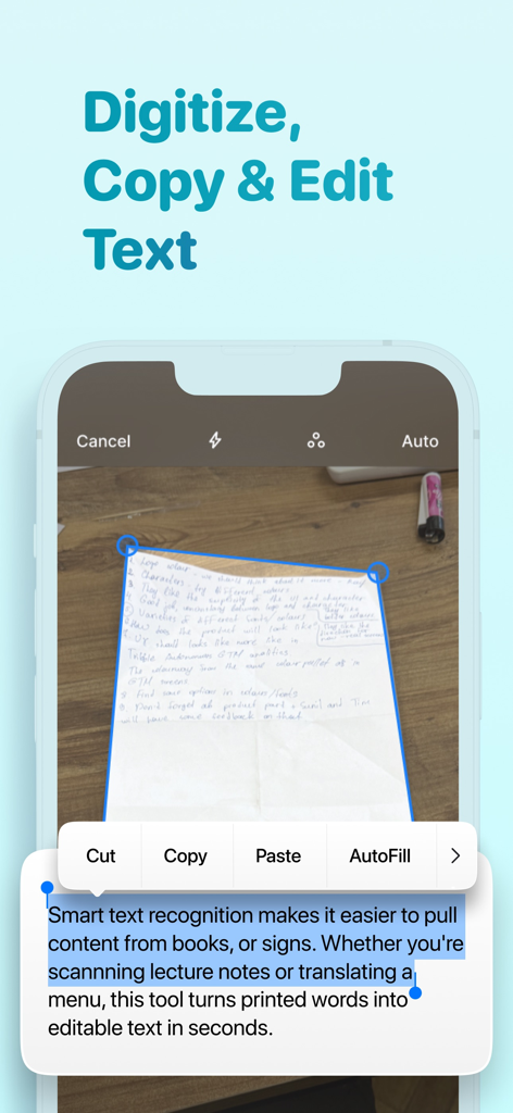 PDF Scanner Extra: Sign & Edit - Smartphone using PDF Scanner Extra to scan and convert handwritten notes into editable digital text.