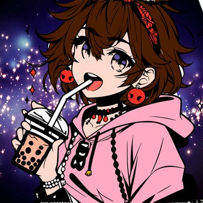 hot baddie anime girl drinking boba and biting the straw