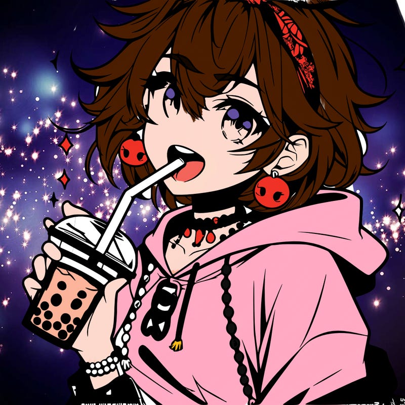 hot baddie anime girl drinking boba and biting the straw