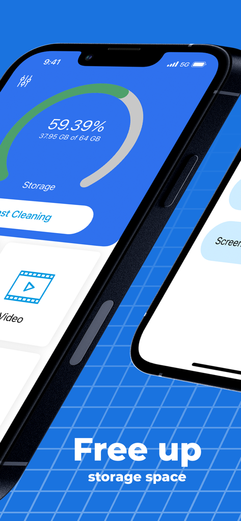 Interface do aplicativo Cleanup AZ mostrando o uso atual do armazenamento do iPhone e um botão para liberar espaço