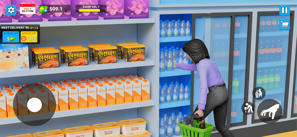 Supermarket Store Simulator 3D - A character picking up water bottles from a grocery shelf into a basket in a 3D supermarket simulation game