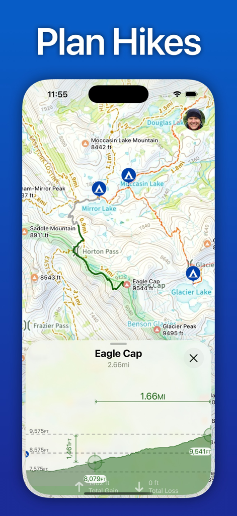 Topo Maps+ - Topo Maps plus app interface showing a topographic map with a planned hiking route and elevation gain chart.
