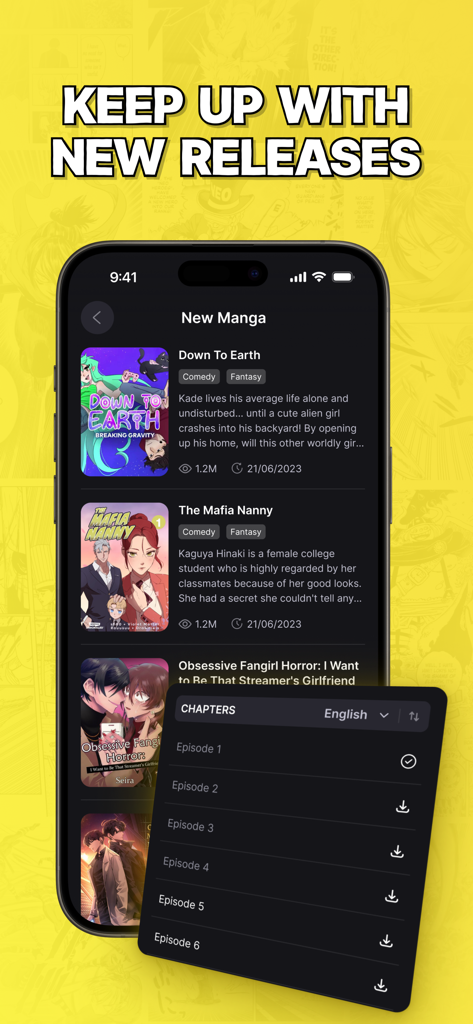 Manga Man: Top Manga Reader Up - A mobile interface of the Manga Man app displaying a list of new manga titles and a chapter selection menu.