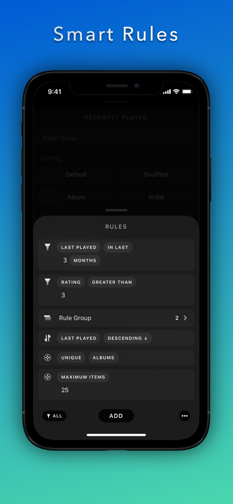 Marvis Pro - iPhone screen displaying the Marvis Pro Smart Rules interface for advanced music library filtering and sorting