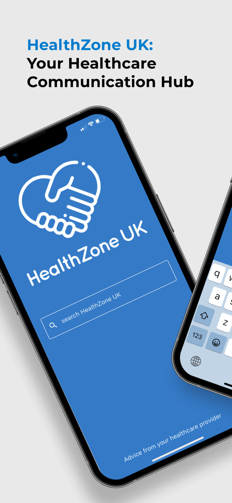 HealthZone UK - HealthZone UK mobile app splash screen showing the logo and search bar on a smartphone