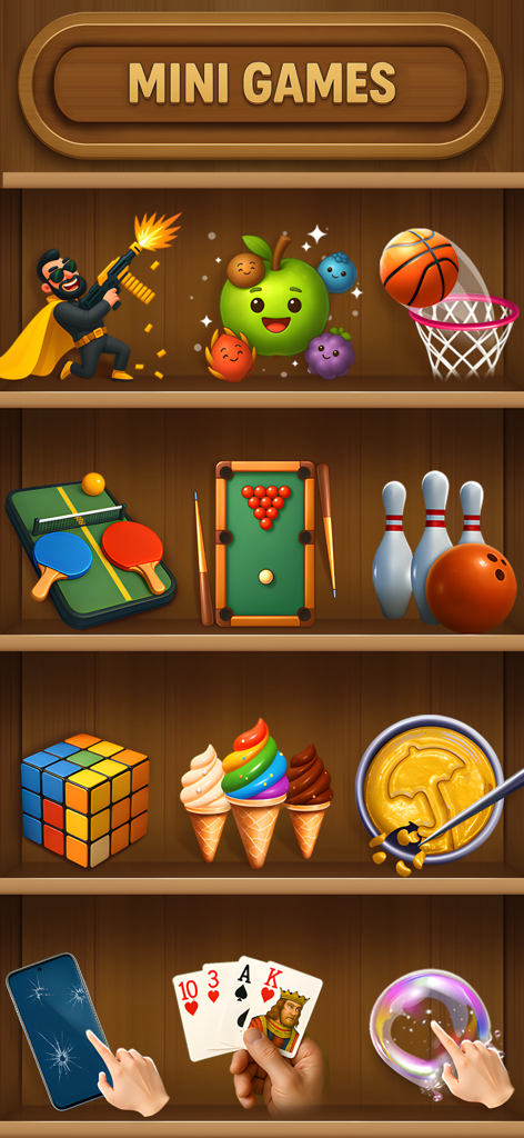 A selection of various antistress mini games including sports puzzles and sensory activities displayed on wooden shelves