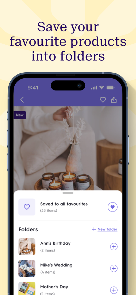 The Not On The High Street app interface showing gift items organized into personalized folders for occasions like birthdays and weddings.