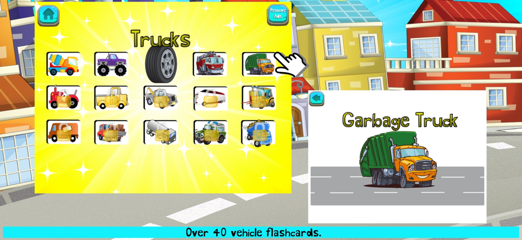 Things That Go! Vehicle Games - Interactive digital flashcards for children featuring various trucks and vehicles like garbage trucks and fire engines