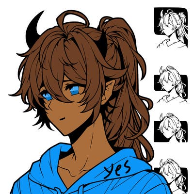 realistic hot anime boy with horns and long messy hair put in a pony tail