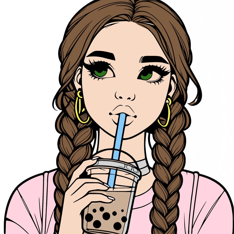 realistic girl with braided hair drinking boba