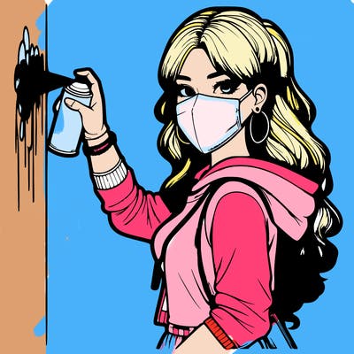 realistic girl with mask spray painting a wall