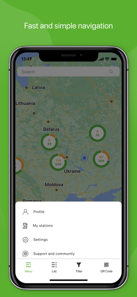Greencar.me Charge - Interfaz de la aplicación Greencar.me Charge que muestra un mapa interactivo con clústeres de estaciones de carga para vehículos eléctricos y un menú de navegación.