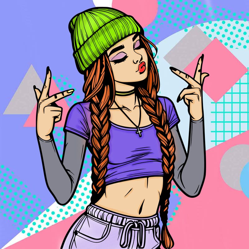 realistic teenage girl with braids and a beanie and crop top doing 🫶🏼